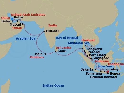 27 Night - Asia Explorer - Seven Seas Explorer - Starting in Doha, Dubai, Muscat, Cruising the Gulf of Oman, Cruising the Arabian Sea, Mumbai (Bombay), Cruising the Arabian Sea, Cruising the Laccadive Sea, Male, Cruising the Laccadive Sea, Galle, Cruising the Bay of Bengal, Cruising the Andaman Sea, Phuket, Penang, Cruising the Malacca Strait, Singapore, Kuala Lumpur (Port Klang), Langkawi, Penang, Cruising the Malacca Strait, Cruising the Java Sea, Jakarta, Semarang (Java), Surabaya, Celukan Bawang (Bali), Bali (Benoa) itinerary map