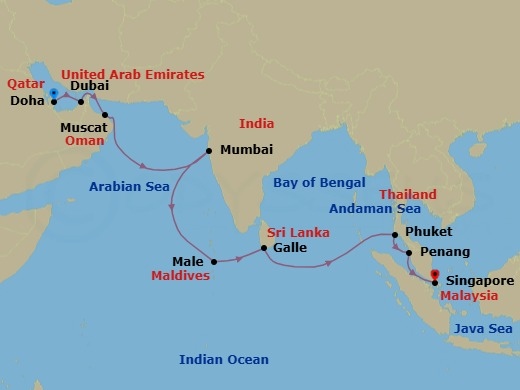 17 Night - Between Spice & Sea - Seven Seas Explorer - Starting in Doha, Dubai, Muscat, Cruising the Gulf of Oman, Cruising the Arabian Sea, Mumbai (Bombay), Cruising the Arabian Sea, Cruising the Laccadive Sea, Male, Cruising the Laccadive Sea, Galle, Cruising the Bay of Bengal, Cruising the Andaman Sea, Phuket, Penang, Cruising the Malacca Strait, Singapore itinerary map