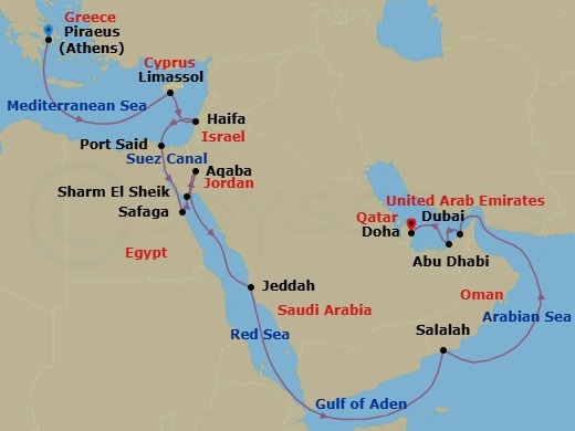 21 Night - Oceans of Antiquity - Seven Seas Explorer - Starting in Athens (Piraeus), Cruising the Aegean Sea, Limassol, Jerusalem (Haifa), Port Said (Technical Call), Suez Canal (Transit), Luxor (Safaga), Sharm El-Sheikh, Aqaba, Cruising the Red Sea, Jeddah, Cruising the Red Sea, Cruising the Gulf of Aden, Salalah, Cruising the Arabian Sea, Cruising the Gulf of Oman, Dubai, Abu Dhabi, Doha itinerary map
