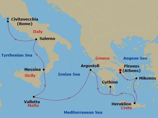 9 Night - Greco-Roman Exploration - Seven Seas Explorer - Starting in Rome (Civitavecchia), Salerno, Messina (Sicily), Valletta, Cruising the Mediterranean Sea, Argostoli (Cephalonia), Gythion, Heraklion (Crete), Mykonos, Athens (Piraeus) itinerary map