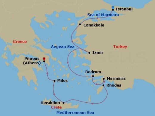 9 Night - Classical World Unfolded - Seven Seas Explorer - Starting in Istanbul, Canakkale (Troy), Izmir, Bodrum, Marmaris, Cruising the Mediterranean Sea, Rhodes, Heraklion (Crete), Milos, Athens (Piraeus) itinerary map