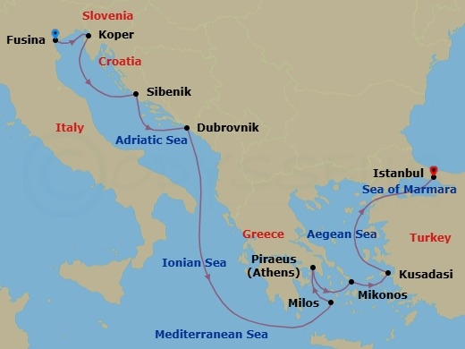 10 Night - Aegan Imagination - Seven Seas Explorer - Starting in Venice (Fusina), Koper, Sibenik, Dubrovnik, Croatia, Cruising the Ionian Sea, Milos, Athens (Piraeus), Mykonos, Kusadasi, Cruising the Aegean Sea, Istanbul itinerary map
