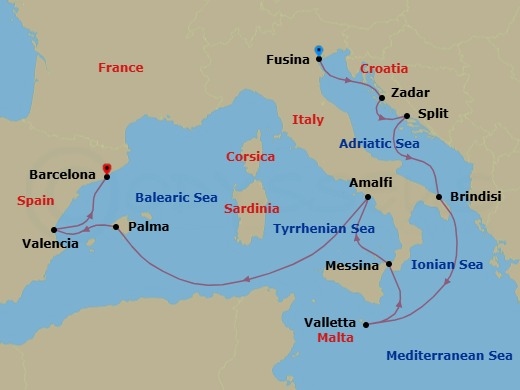 11 Night - Melody of Messina - Seven Seas Grandeur - Starting in Venice (Fusina), Zadar, Split, Brindisi, Cruising the Ionian Sea, Valletta, Messina (Sicily), Amalfi / Positano, Cruising the Tyrrhenian Sea, Palma De Mallorca, Valencia, Barcelona itinerary map