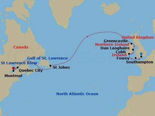 14 Night - The Heather Passage - Seven Seas Prestige - Starting in London (Southampton), Fowey, Cork (Cobh), Dun Laoghaire, Greencastle, Cruising the Atlantic Ocean, St Johns, Cruising the Atlantic Ocean, Cruising the Gulf of St Lawrence, Quebec City, Montreal itinerary map