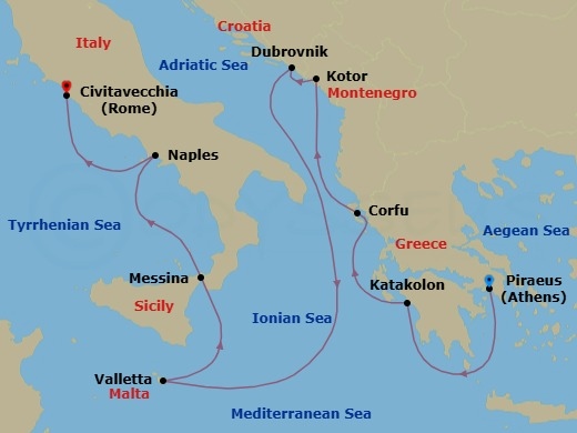 9 Night - Sojourn Through History - Seven Seas Explorer - Starting in Athens (Piraeus), Katakolon, Corfu, Kotor, Dubrovnik, Croatia, Cruising the Ionian Sea, Valletta, Messina (Sicily), Naples / Pompeii, Rome (Civitavecchia) itinerary map