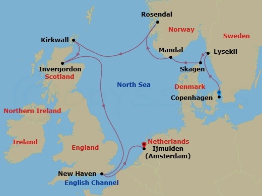 10 Night - Salt & Fir Route - Seven Seas Prestige - Starting in Copenhagen, Lysekil, Skagen, Mandal, Rosendal, Cruising the North Sea, Kirkwall (Orkney Islands), Invergordon, United Kingdom, Edinburgh (Newhaven), Cruising the North Sea, Amsterdam (Ijmuiden) itinerary map