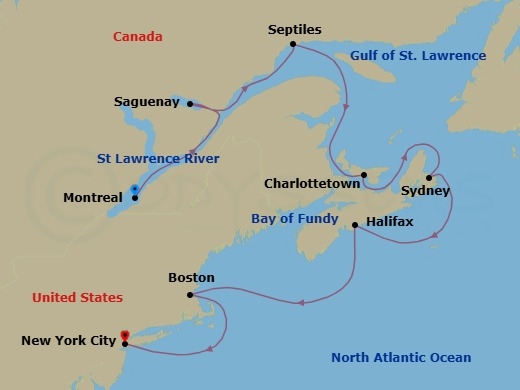 11 Night - Golden Foliage - Seven Seas Prestige - Starting in Montreal, Saguenay, Sept-Iles, Cruising the Gulf of St Lawrence, Charlottetown, Sydney CA, Halifax, Cruising the Atlantic Ocean, Boston, Cruising the Atlantic Ocean, New York itinerary map