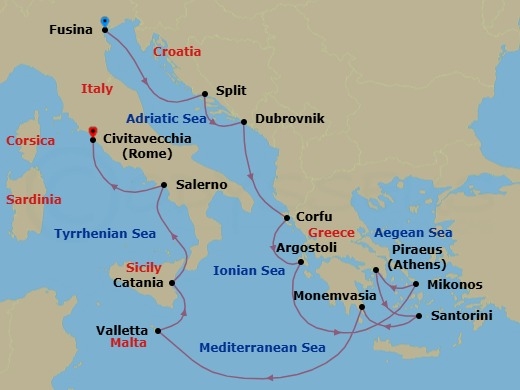 14 Night - Mediterranean Kitchen & Cultures - Seven Seas Grandeur - Starting in Venice (Fusina), Split, Dubrovnik, Croatia, Corfu, Argostoli (Cephalonia), Cruising the Ionian Sea, Mykonos, Athens (Piraeus), Santorini, Monemvasia, Cruising the Mediterranean Sea, Valletta, Catania (Sicily), Salerno, Rome (Civitavecchia) itinerary map