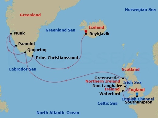 14 Night - Lands of Dicovery - Seven Seas Mariner - Starting in London (Southampton), Cruising the Celtic Sea, Waterford, Dun Laoghaire, Greencastle, Cruising the Atlantic Ocean, Qaqortoq, Nuuk, Paamiut, Cruising Prince Christian Sound, Cruising the Atlantic Ocean, Reykjavik itinerary map