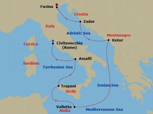 7 Night - Barcarolle & Baguettes - Seven Seas Grandeur - Starting in Rome (Civitavecchia), Amalfi / Positano, Trapani (Sicily), Valletta, Cruising the Ionian Sea, Kotor, Zadar, Venice (Fusina) itinerary map