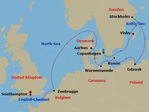 11 Night - Harbors & Horizons - Seven Seas Prestige - Starting in Copenhagen, Visby, Sweden, Stockholm, Cruising the Baltic Sea, Gdansk (Gdynia), Ronne, Berlin (Warnemunde), Aarhus, Cruising the North Sea, Bruges (Zeebrugge), London (Southampton) itinerary map