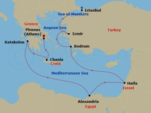 14 Night - Season of Wonder - Seven Seas Voyager - Starting in Istanbul, Cruising the Aegean Sea, Izmir, Bodrum, Cruising the Mediterranean Sea, Jerusalem (Haifa), Cruising the Mediterranean Sea, Alexandria EG, Cruising the Mediterranean Sea, Katakolon, Chania (Crete), Athens (Piraeus) itinerary map