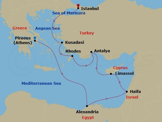 12 Night - Sacred Spaces, Ancient Cultures - Seven Seas Voyager - Starting in Athens (Piraeus), Cruising the Mediterranean Sea, Alexandria EG, Cruising the Mediterranean Sea, Jerusalem (Haifa), Limassol, Antalya, Rhodes, Kusadasi, Cruising the Aegean Sea, Istanbul itinerary map