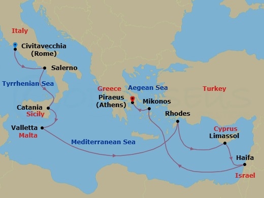 12 Night - Heritage Sites & the Holy Land - Seven Seas Voyager - Starting in Rome (Civitavecchia), Salerno, Catania (Sicily), Valletta, Cruising the Mediterranean Sea, Rhodes, Limassol, Jerusalem (Haifa), Cruising the Mediterranean Sea, Mykonos, Athens (Piraeus) itinerary map
