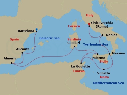 11 Night - Savoring the World - Seven Seas Voyager - Starting in Barcelona, Alicante, Almeria, Cruising the Mediterranean Sea, Cagliari (Sardinia), Palermo (Sicily), La Goulette, Cruising the Mediterranean Sea, Valletta, Messina (Sicily), Naples / Pompeii, Rome (Civitavecchia) itinerary map