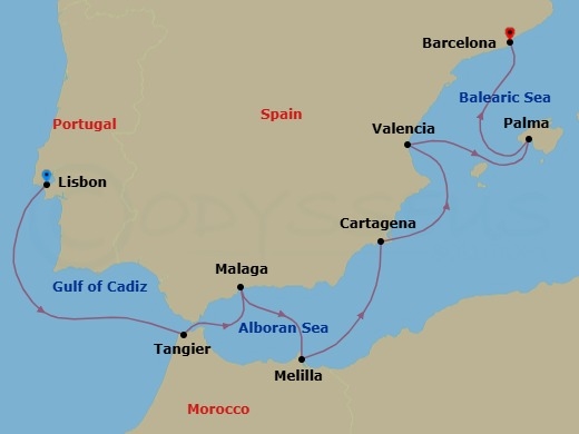 10 Night - Azulejos to Alhambra - Seven Seas Voyager - Starting in Lisbon, Cruising the Atlantic Ocean, Tangier, Malaga, Melilla, Cartagena ES, Valencia, Cruising the Balearic Sea, Palma De Mallorca, Barcelona itinerary map