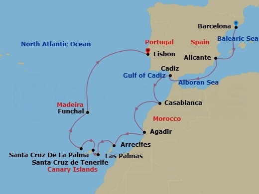 12 Night - Flamenco & Spice - Seven Seas Voyager - Starting in Barcelona, Alicante, Cruising the Mediterranean Sea, Cadiz, Casablanca, Agadir, Arrecife (Lanzarote), Las Palmas De Gran Canaria, Santa Cruz de Tenerife, Santa Cruz de La Palma, Funchal (Madeira), Cruising the Atlantic Ocean, Lisbon itinerary map