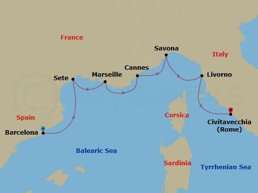7 Night - Autumn in Europe - Seven Seas Voyager - Starting in Barcelona, Sete, Provence (Marseille), Cannes, Savona, Tuscany (Livorno), Cruising the Tyrrhenian Sea, Rome (Civitavecchia) itinerary map