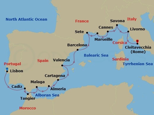 15 Night - Serenity Awaits - Seven Seas Voyager - Starting in Lisbon, Cruising the Atlantic Ocean, Cadiz, Tangier, Malaga, Almeria, Cartagena ES, Valencia, Barcelona, Sete, Provence (Marseille), Cannes, Savona, Tuscany (Livorno), Cruising the Tyrrhenian Sea, Rome (Civitavecchia) itinerary map