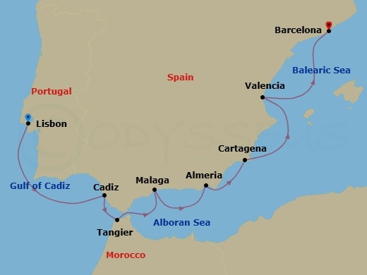 8 Night - Sun, Stone & Serenity - Seven Seas Voyager - Starting in Lisbon, Cruising the Atlantic Ocean, Cadiz, Tangier, Malaga, Almeria, Cartagena ES, Valencia, Barcelona itinerary map