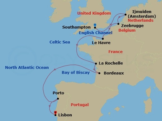 11 Night - Vineyards Meet the Sea - Seven Seas Voyager - Starting in London (Southampton), Cruising the North Sea, Amsterdam (Ijmuiden), Bruges (Zeebrugge), Paris (Le Havre), Cruising the English Channel and Bay of Biscay, La Rochelle, France, Bordeaux, Cruising the Bay of Biscay, Oporto, Lisbon itinerary map