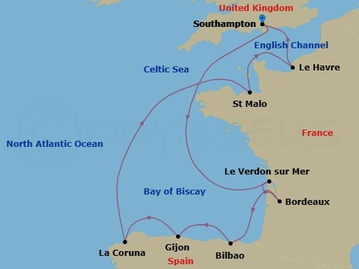 12 Night - Crown & Compass - Seven Seas Voyager - Starting in London (Southampton), Cruising the English Channel and Bay of Biscay, Le Verdon, Bordeaux, Cruising the Bay of Biscay, Bilbao, Gijon, Spain, La Coruna, Cruising Bay of Biscay and the English Channel, Saint-malo, Paris (Le Havre), London (Southampton) itinerary map
