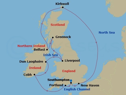 12 Night - Grandeur of Britain - Seven Seas Voyager - Starting in London (Southampton), Portland UK, Cruising the Celtic Sea, Cork (Cobh), Dun Laoghaire, Liverpool, Glasgow (Greenock), Belfast, Cruising the Atlantic Ocean, Kirkwall (Orkney Islands), Edinburgh (Newhaven), Cruising the North Sea, London (Southampton) itinerary map