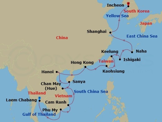 22 Night - Ancient Worlds of the East - Seven Seas Splendor - Starting in Bangkok (Laem Chabang), Cruising the South China Sea, Phu My (Ho Chi Minh City), Cam Ranh, Cruising the South China Sea, Hue (Chan May), Sanya, Hanoi (Ha Long Bay), Cruising the South China Sea, Hong Kong, Cruising the South China Sea, Kaohsiung, Taipei (Keelung), Ishigaki (Sakishima Islands), Okinawa (Naha), Cruising the East China Sea, Shanghai, Cruising the Yellow Sea, Seoul (Incheon) itinerary map