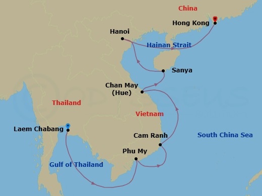 11 Night - Festivals of Light - Seven Seas Splendor - Starting in Bangkok (Laem Chabang), Cruising the South China Sea, Phu My (Ho Chi Minh City), Cam Ranh, Cruising the South China Sea, Hue (Chan May), Sanya, Hanoi (Ha Long Bay), Cruising the South China Sea, Hong Kong itinerary map