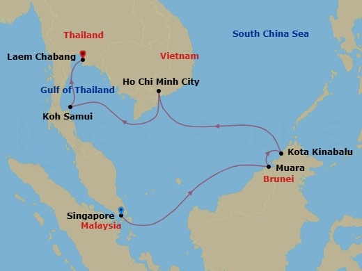 11 Night - Fortune Favors the Journey - Seven Seas Splendor - Starting in Singapore, Cruising the South China Sea, Muara, Kota Kinabalu, Cruising the South China Sea, Ho Chi Minh City (Saigon), Cruising the Gulf of Thailand, Ko Samui, Bangkok (Laem Chabang) itinerary map