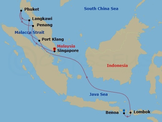 11 Night - Joy of Cruising - Seven Seas Splendor - Starting in Bali (Benoa), Lombok (Lembar), Cruising the Java Sea, Cruising the South China Sea, Cruising the Malacca Strait, Kuala Lumpur (Port Klang), Langkawi, Phuket, Penang, Singapore itinerary map
