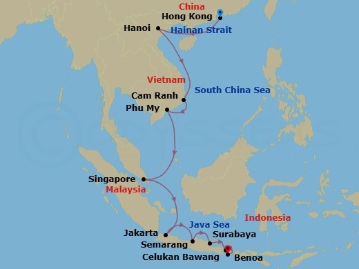 14 Night - Golden Beginnings - Seven Seas Splendor - Starting in Hong Kong, Cruising the Hainan Strait, Hanoi (Ha Long Bay), Cruising the South China Sea, Cam Ranh, Phu My (Ho Chi Minh City), Cruising the South China Sea, Singapore, Cruising the South China Sea, Jakarta, Semarang (Java), Surabaya, Celukan Bawang (Bali), Bali (Benoa) itinerary map