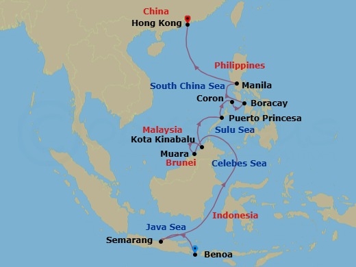 14 Night - Laterns Across the Sea - Seven Seas Splendor - Starting in Bali (Benoa), Cruising the Java Sea, Semarang (Java), Cruising the Java Sea, Cruising the South China Sea, Muara, Kota Kinabalu, Cruising the South China Sea, Puerto Princesa, Coron, Boracay Island, Manila, Cruising the South China Sea, Hong Kong itinerary map