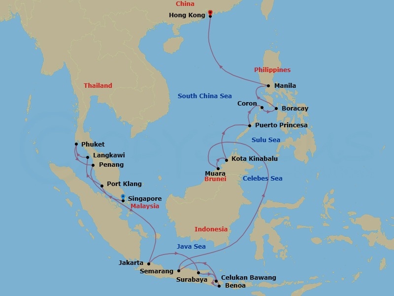 26 Night - Eastern Elegance - Seven Seas Splendor - Starting in Singapore, Kuala Lumpur (Port Klang), Langkawi, Phuket, Penang, Cruising the Malacca Strait, Cruising the Java Sea, Jakarta, Cruising the Java Sea, Surabaya, Celukan Bawang (Bali), Bali (Benoa), Cruising the Java Sea, Semarang (Java), Cruising the Java Sea, Cruising the South China Sea, Muara, Kota Kinabalu, Cruising the South China Sea, Puerto Princesa, Coron, Boracay Island, Manila, Cruising the South China Sea, Hong Kong itinerary map
