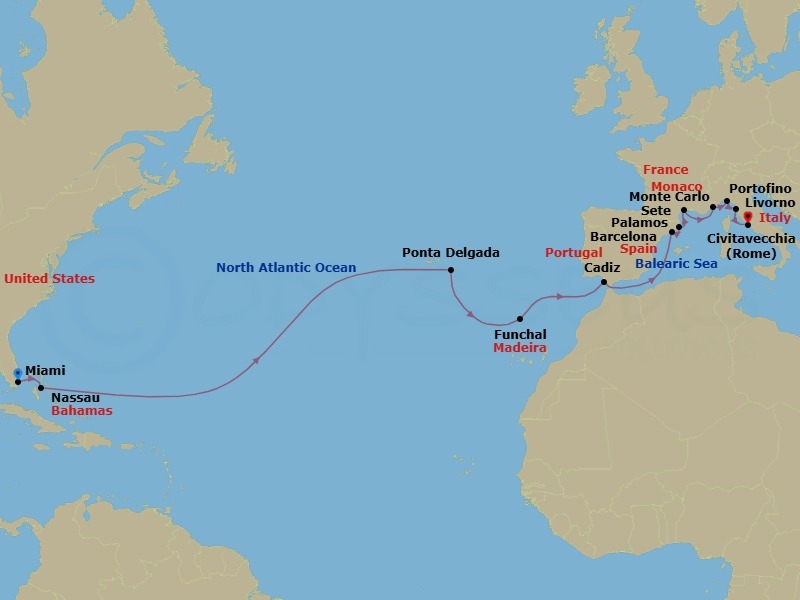 21 Night - Crossing to Spring - Seven Seas Grandeur - Starting in Miami, Nassau, Cruising the Atlantic Ocean, Ponta Delgada (Azores), Cruising the Atlantic Ocean, Funchal (Madeira), Cruising the Atlantic Ocean, Cadiz, Cruising the Mediterranean Sea, Barcelona, Palamos, Sete, Monte Carlo, Portofino, Tuscany (Livorno), Cruising the Tyrrhenian Sea, Rome (Civitavecchia) itinerary map