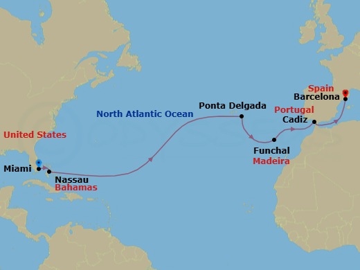 14 Night - The Sea to Seville - Seven Seas Grandeur - Starting in Miami, Nassau, Cruising the Atlantic Ocean, Ponta Delgada (Azores), Cruising the Atlantic Ocean, Funchal (Madeira), Cruising the Atlantic Ocean, Cadiz, Cruising the Mediterranean Sea, Barcelona itinerary map