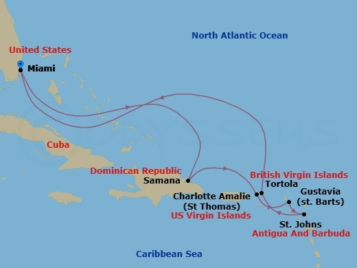 10 Night - Basslines & Beaches - Seven Seas Grandeur - Starting in Miami, Cruising the Florida Straits, Cruising the Atlantic Ocean, Samana, Charlotte Amalie, Gustavia, St Johns, Tortola, Cruising the Atlantic Ocean, Miami itinerary map
