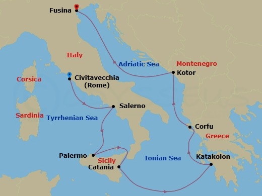 9 Night - Art of the Mediterranean - Seven Seas Explorer - Starting in Rome (Civitavecchia), Salerno, Palermo (Sicily), Catania (Sicily), Cruising the Ionian Sea, Katakolon, Corfu, Kotor, Cruising the Adriatic Sea, Venice (Fusina) itinerary map