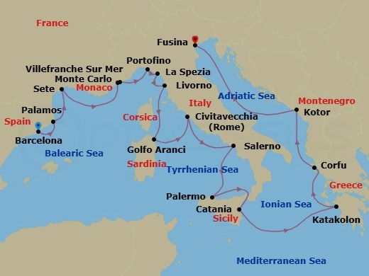 20 Night - Song of the Mediterranean - Seven Seas Explorer - Starting in Barcelona, Palamos, Sete, Villefranche, Monte Carlo, Cruising the Ligurian Sea, Portofino, La Spezia (Cinque Terre), Tuscany (Livorno), Golfo Aranci (Sardinia), Cruising the Tyrrhenian Sea, Rome (Civitavecchia), Salerno, Palermo (Sicily), Catania (Sicily), Cruising the Ionian Sea, Katakolon, Corfu, Kotor, Cruising the Adriatic Sea, Venice (Fusina) itinerary map