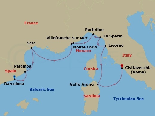 11 Night - Poetry in Motion - Seven Seas Explorer - Starting in Barcelona, Palamos, Sete, Villefranche, Monte Carlo, Cruising the Ligurian Sea, Portofino, La Spezia (Cinque Terre), Tuscany (Livorno), Golfo Aranci (Sardinia), Cruising the Tyrrhenian Sea, Rome (Civitavecchia) itinerary map