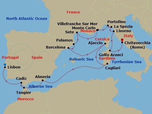 20 Night - Sea of Stories - Seven Seas Explorer - Starting in Lisbon, Cadiz, Tangier, Almeria, Cruising the Mediterranean Sea, Cagliari (Sardinia), Ajaccio (Corsica), Cruising the Mediterranean Sea, Barcelona, Palamos, Sete, Villefranche, Monte Carlo, Cruising the Ligurian Sea, Portofino, La Spezia (Cinque Terre), Tuscany (Livorno), Golfo Aranci (Sardinia), Cruising the Tyrrhenian Sea, Rome (Civitavecchia) itinerary map