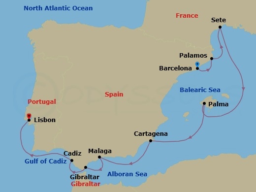 10 Night - Iberian Passage - Seven Seas Explorer - Starting in Barcelona, Palamos, Sete, Cruising the Balearic Sea, Palma De Mallorca, Cartagena ES, Malaga, Gibraltar, Cadiz, Cruising the Atlantic Ocean, Lisbon itinerary map