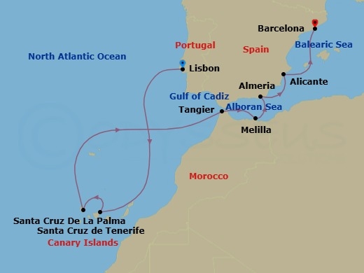 9 Night - Harbors of History - Seven Seas Explorer - Starting in Lisbon, Cruising the Atlantic Ocean, Santa Cruz de Tenerife, Santa Cruz de La Palma, Cruising the Atlantic Ocean, Tangier, Melilla, Almeria, Alicante, Barcelona itinerary map
