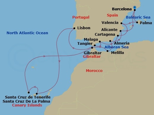 16 Night - Echoes of Explorers - Seven Seas Explorer - Starting in Barcelona, Palma De Mallorca, Valencia, Cartagena ES, Malaga, Gibraltar, Cruising the Atlantic Ocean, Lisbon, Cruising the Atlantic Ocean, Santa Cruz de Tenerife, Santa Cruz de La Palma, Cruising the Atlantic Ocean, Tangier, Melilla, Almeria, Alicante, Barcelona itinerary map