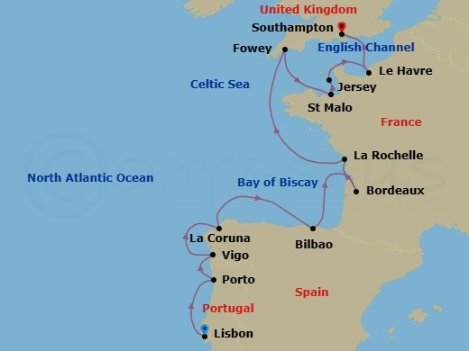 14 Night - Royals, Castles & Crowns - Seven Seas Mariner - Starting in Lisbon, Oporto, Vigo, La Coruna, Bilbao, Cruising the Bay of Biscay, Bordeaux, La Rochelle, France, Cruising the Atlantic Ocean, Fowey, Saint-malo, St Helier, Paris (Le Havre), London (Southampton) itinerary map