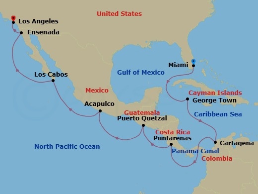 16 Night - Tropical Transit - Seven Seas Prestige - Starting in Miami, Cruising the Florida Straits, George Town, Cruising the Caribbean Sea, Cartagena CO, Panama Canal Daylight Transit, Cruising the Pacific Ocean, Puntarenas, Cruising the Pacific Ocean, Puerto Quetzal, Cruising the Pacific Ocean, Acapulco, Cruising the Pacific Ocean, Cabo San Lucas, Cruising the Pacific Ocean, Ensenada, Los Angeles itinerary map