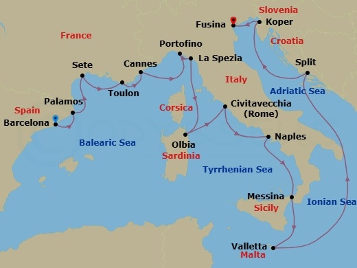 17 Night - Tradition of Taste - Seven Seas Grandeur - Starting in Barcelona, Palamos, Sete, Toulon, Cannes, Cruising the Ligurian Sea, Portofino, La Spezia (Cinque Terre), Olbia (Sardinia), Cruising the Tyrrhenian Sea, Rome (Civitavecchia), Naples / Pompeii, Messina (Sicily), Valletta, Cruising the Ionian Sea, Split, Koper, Venice (Fusina) itinerary map