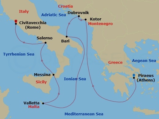 9 Night - Italian Grace - Seven Seas Voyager - Starting in Athens (Piraeus), Cruising the Mediterranean Sea, Kotor, Dubrovnik, Croatia, Bari, Cruising the Ionian Sea, Valletta, Messina (Sicily), Salerno, Rome (Civitavecchia) itinerary map