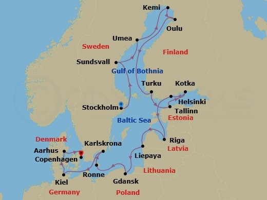 22 Night - Castles & Spires - Seven Seas Mariner - Starting in Stockholm, Cruising the Baltic Sea, Sundsvall, Umea, Kemi, Oulu, Cruising the Baltic Sea, Turku, Tallinn, Kotka, Helsinki, Cruising the Baltic Sea, Riga, Liepaja, Gdansk (Gdynia), Cruising the Baltic Sea, Ronne, Karlskrona, Kiel, Aarhus, Copenhagen itinerary map