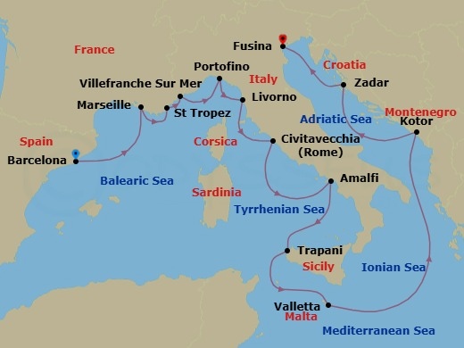 14 Night - Olive Trees & Lavender Fields - Seven Seas Grandeur - Starting in Barcelona, Provence (Marseille), Saint-Tropez, Villefranche, Cruising the Ligurian Sea, Portofino, Tuscany (Livorno), Rome (Civitavecchia), Amalfi / Positano, Trapani (Sicily), Valletta, Cruising the Ionian Sea, Kotor, Zadar, Venice (Fusina) itinerary map